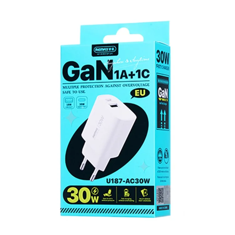 REMAX U187-AC30W GaN Schnelllade-Adapter USB-A / Type-C Dual-Port 30W PD3.0 / QC3.0 kompatibel für verschiedene Geräte - EU-Stecker
