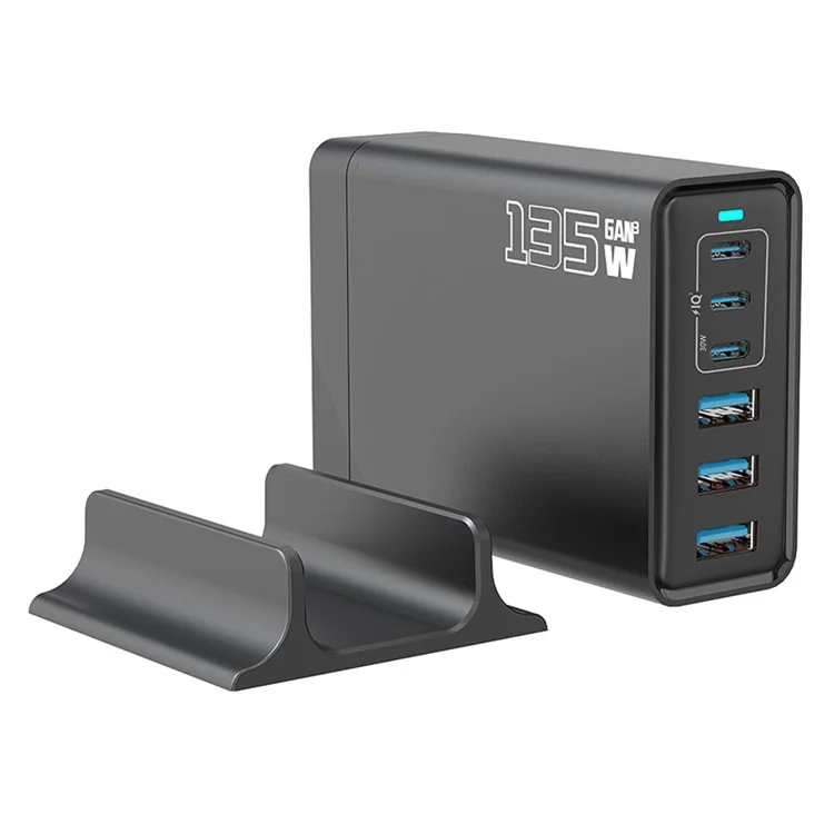 Chargeur de bureau GaN 135W 3C+3A 6 Ports de Sortie, Port Type-C 65W, Station de Charge pour Téléphones et Tablettes - Noir / Prise US