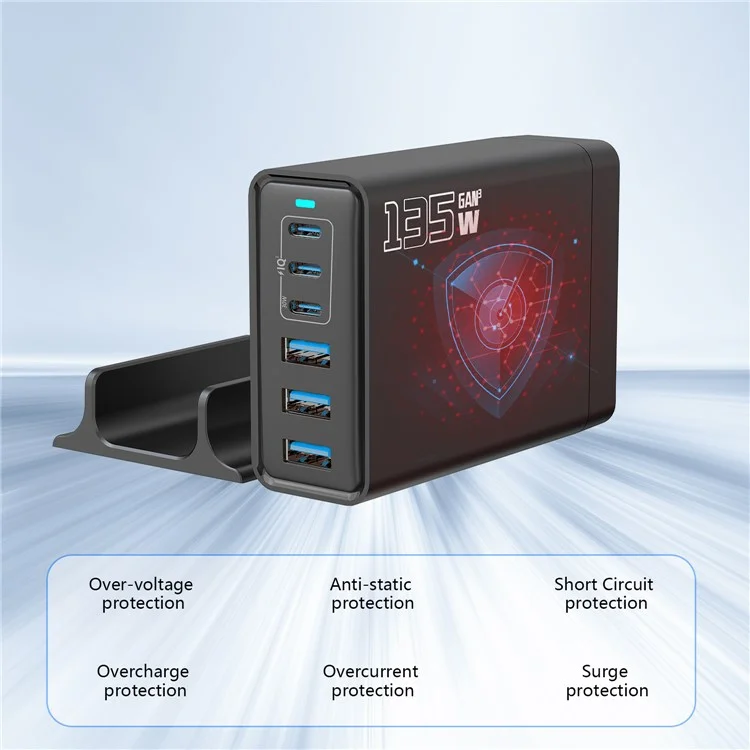 Chargeur de bureau GaN 135W 3C+3A 6 Ports de Sortie, Port Type-C 65W, Station de Charge pour Téléphones et Tablettes - Noir / Prise US