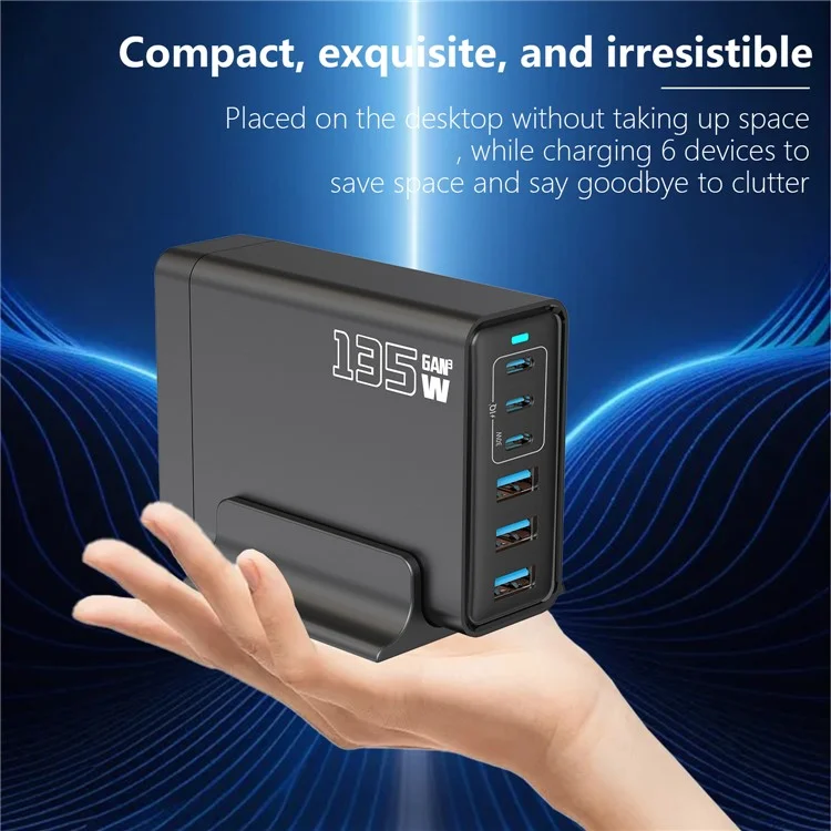 Chargeur de bureau GaN 135W 3C+3A 6 Ports de Sortie, Port Type-C 65W, Station de Charge pour Téléphones et Tablettes - Noir / Prise US