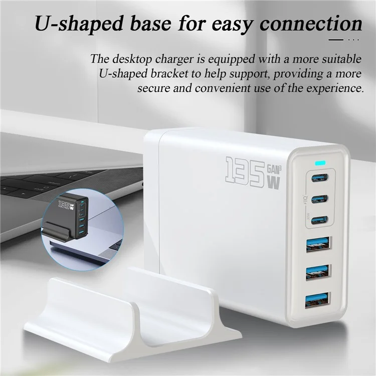 Chargeur de bureau GaN 135W 3C+3A 6 Ports de Sortie, Port Type-C 65W, Station de Charge pour Téléphones et Tablettes - Noir / Prise US