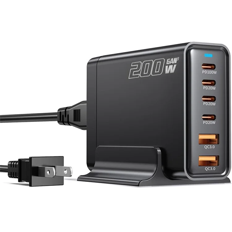 Chargeur de bureau GaN 200W 3C+3A 6 Ports de Sortie Port Type-C Unique 100W Station de Charge pour Téléphones et Tablettes - Noir / Prise US
