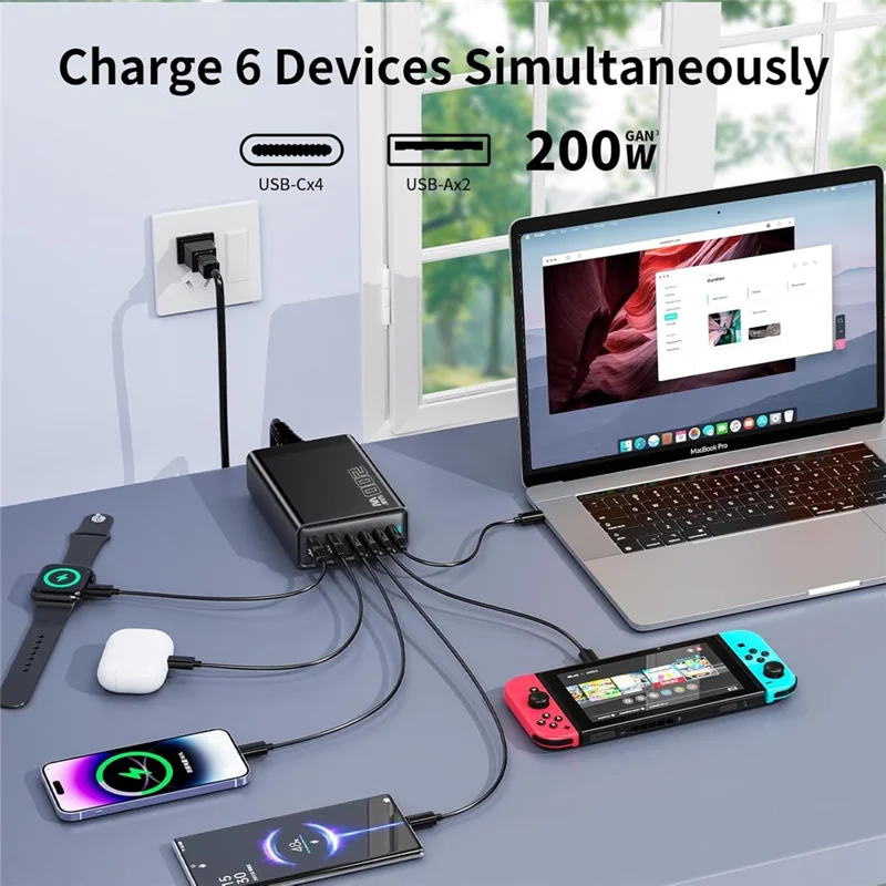200W GaN Desktop Charger 3C+3A 6 Port Output 100W Single Type-C Port Charging Station for Phones Tablets - Black / EU Plug