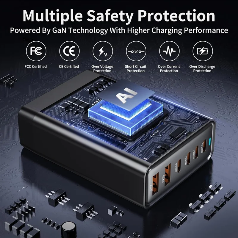 200W GaN Desktop Charger 3C+3A 6 Port Output 100W Single Type-C Port Charging Station for Phones Tablets - Black / EU Plug