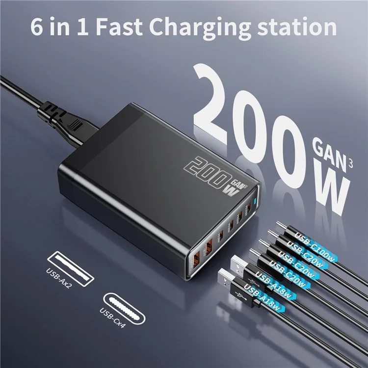 200W GaN Desktop Charger 3C+3A 6 Port Output 100W Single Type-C Port Charging Station for Phones Tablets - Black / UK Plug