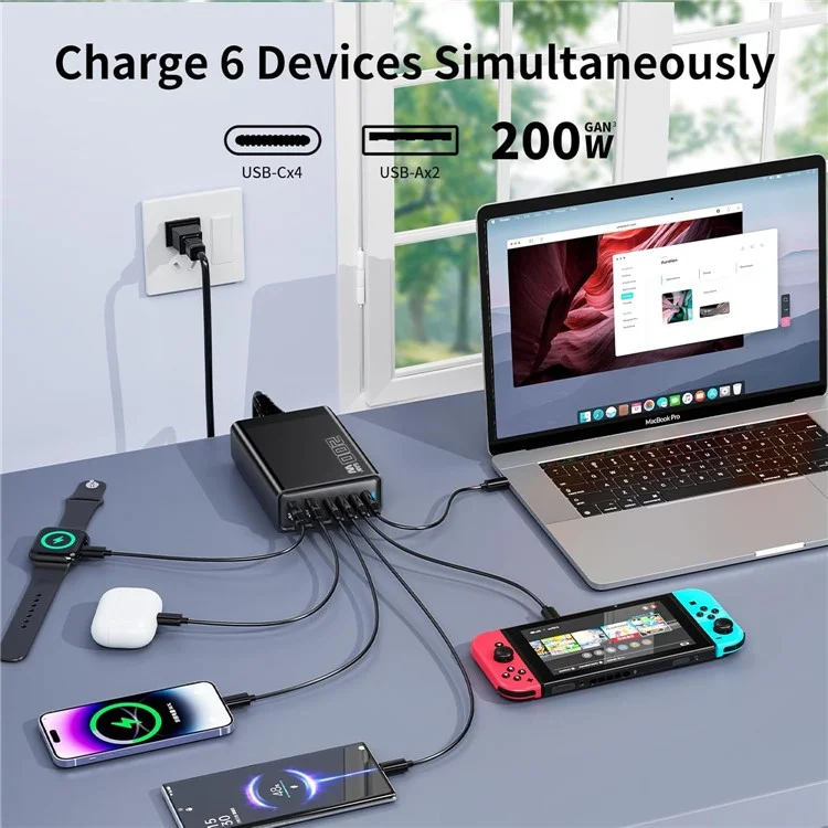 200W GaN Desktop Charger 3C+3A 6 Port Output 100W Single Type-C Port Charging Station for Phones Tablets - Black / UK Plug