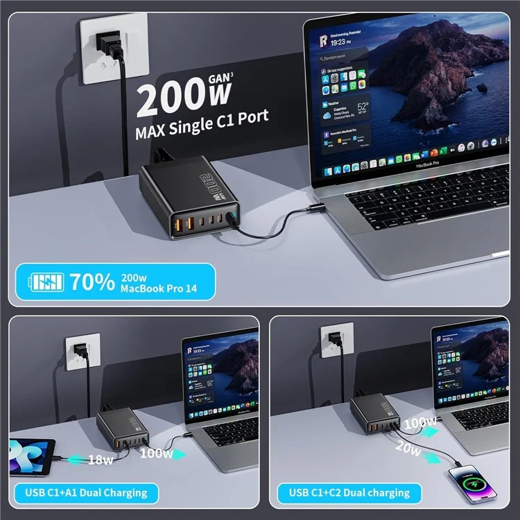 200W GaN Desktop Charger 3C+3A 6 Port Output 100W Single Type-C Port Charging Station for Phones Tablets - Black / UK Plug