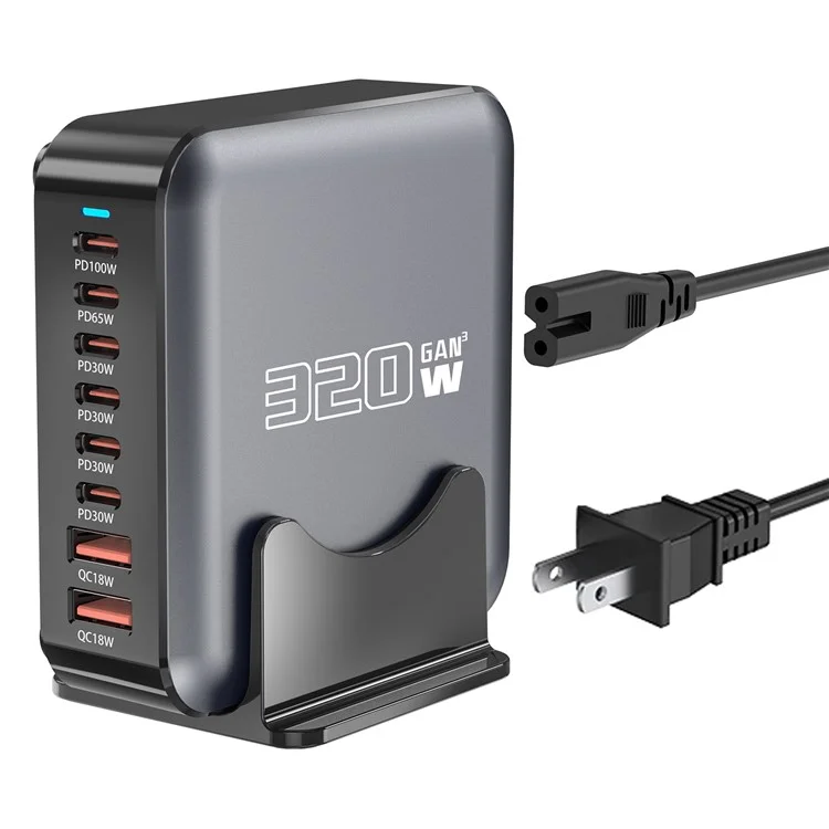 Chargeur de bureau GaN 320W 8 ports Poste de recharge rapide pour téléphones, tablettes et drones - Prise US