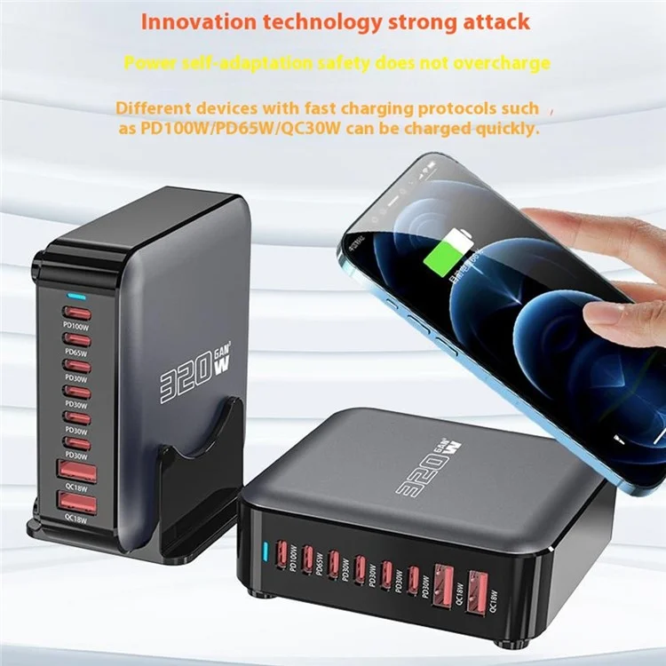 Chargeur de bureau GaN 320W 8 ports Poste de recharge rapide pour téléphones, tablettes et drones - Prise US