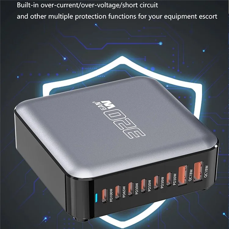 Chargeur de bureau GaN 320W 8 ports Poste de recharge rapide pour téléphones, tablettes et drones - Prise US