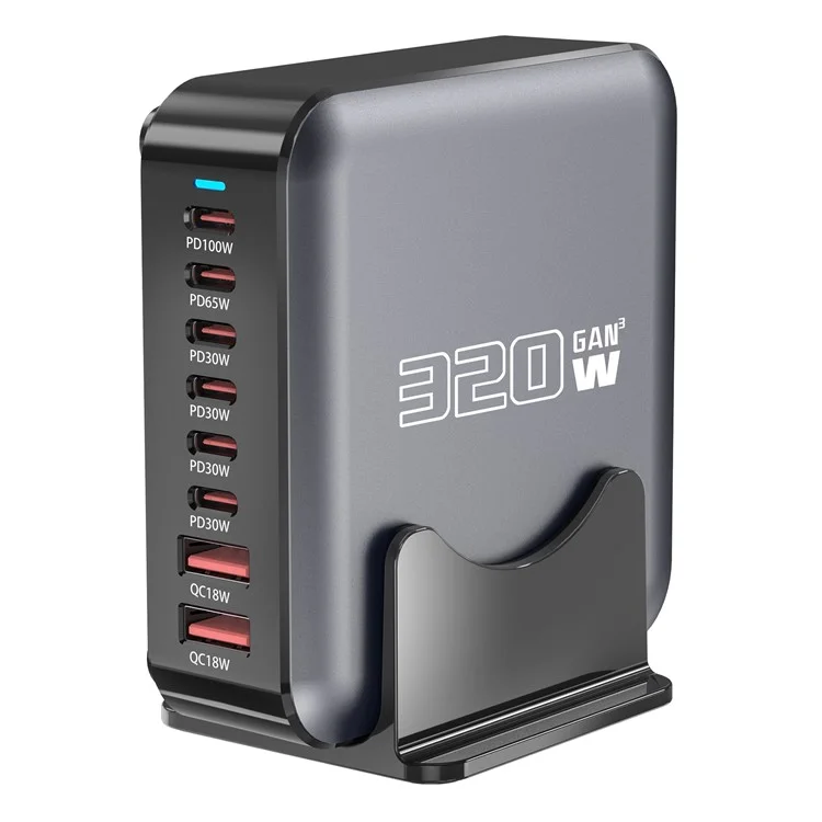 Chargeur de bureau GaN 320W 8 ports Poste de recharge rapide pour téléphones, tablettes et drones - Prise US