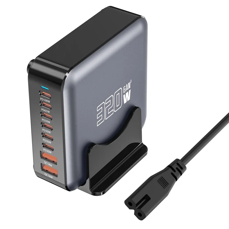 Chargeur de bureau GaN 320W 8 ports Poste de recharge rapide pour téléphones, tablettes et drones - Prise US