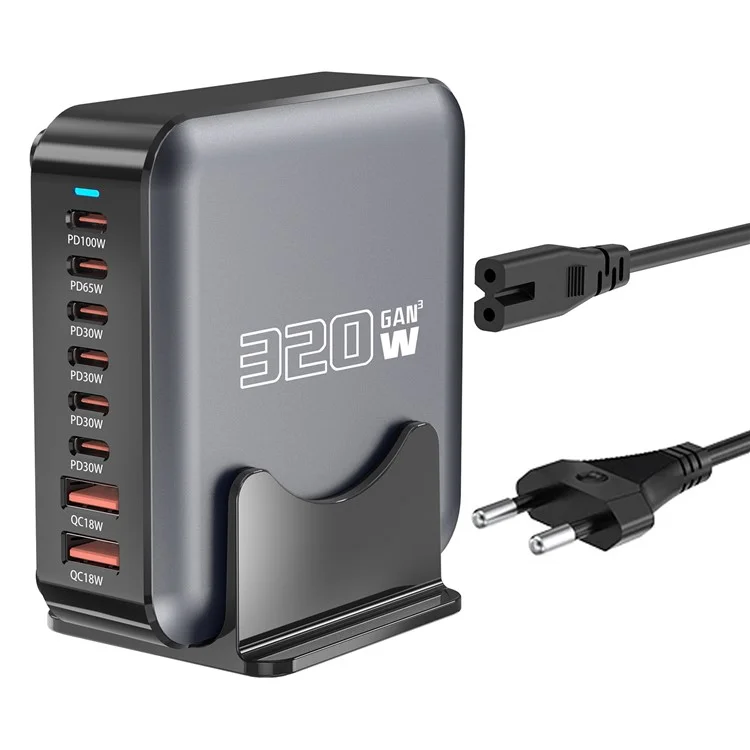 320W GaN Desktop Charger 8 Port Output Fast Charging Station for Phones Tablets Drones - EU Plug