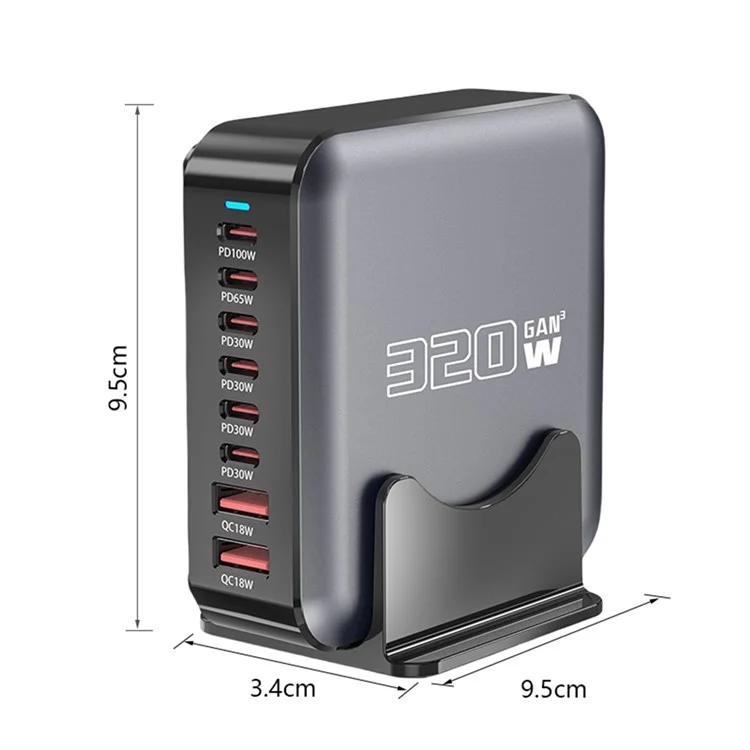 320W GaN Desktop Charger 8 Port Output Fast Charging Station for Phones Tablets Drones - EU Plug