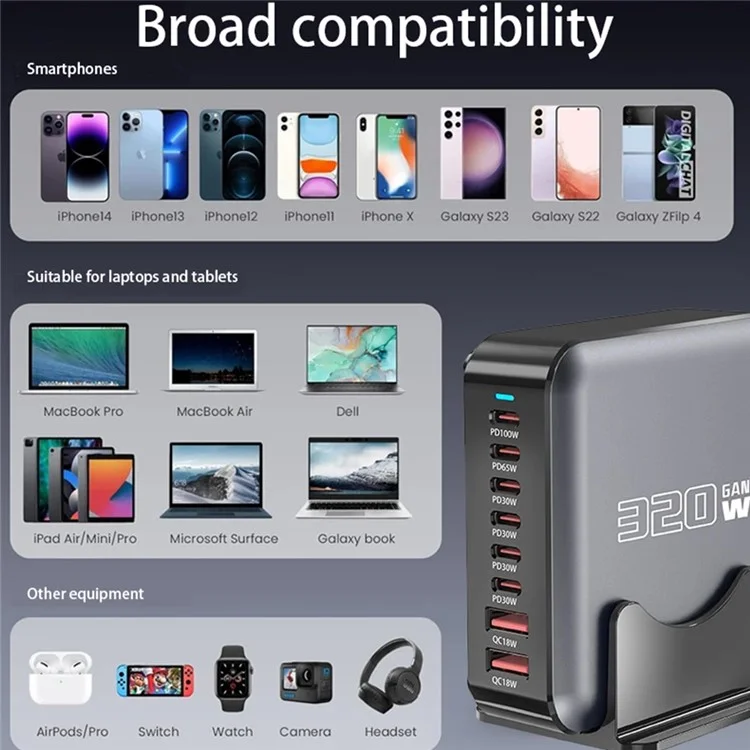 320W GaN Desktop Charger 8 Port Output Fast Charging Station for Phones Tablets Drones - EU Plug