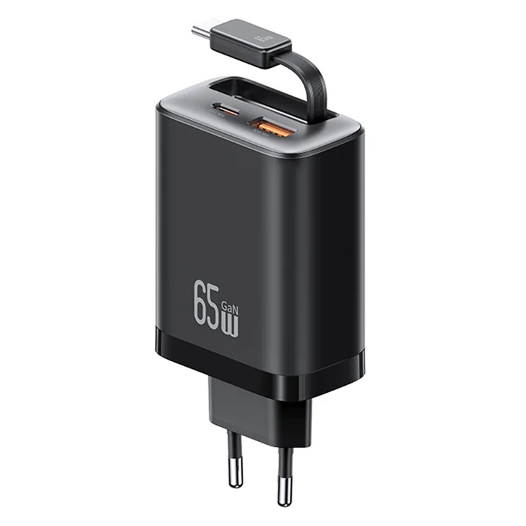 USAMS CC299 Cargador rápido de 65W con enchufe europeo, adaptador de corriente Tipo-C + USB-A con cable retráctil Tipo-C - Negro