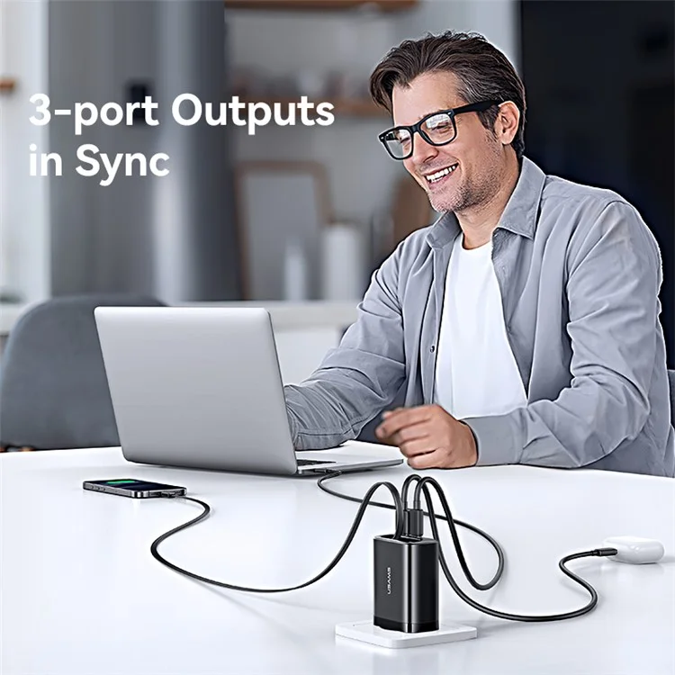USAMS CC299 Cargador rápido de 65W con enchufe europeo, adaptador de corriente Tipo-C + USB-A con cable retráctil Tipo-C - Negro