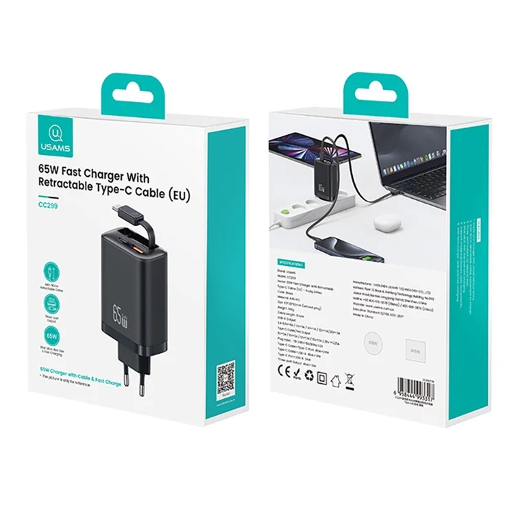 USAMS CC299 Cargador rápido de 65W con enchufe europeo, adaptador de corriente Tipo-C + USB-A con cable retráctil Tipo-C - Negro