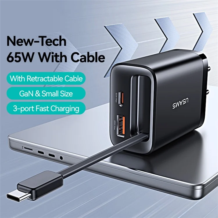 USAMS CC299 Cargador rápido de 65W con enchufe europeo, adaptador de corriente Tipo-C + USB-A con cable retráctil Tipo-C - Negro