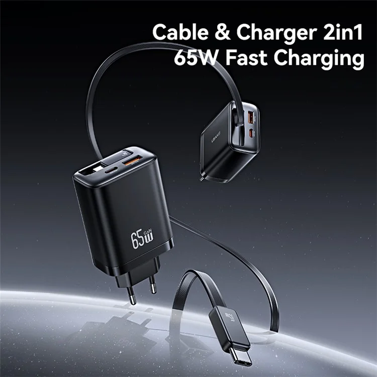 USAMS CC299 Cargador rápido de 65W con enchufe europeo, adaptador de corriente Tipo-C + USB-A con cable retráctil Tipo-C - Negro