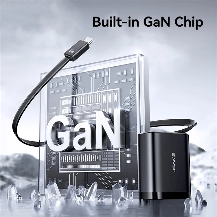 USAMS CC299 Cargador rápido de 65W con enchufe europeo, adaptador de corriente Tipo-C + USB-A con cable retráctil Tipo-C - Negro