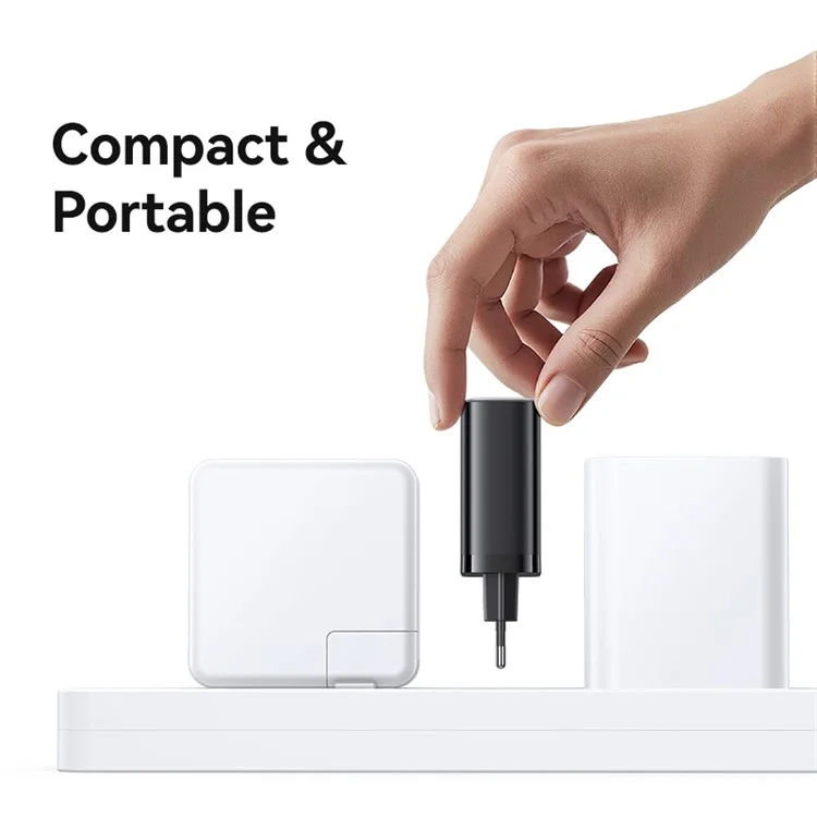 USAMS CC299 Cargador rápido de 65W con enchufe europeo, adaptador de corriente Tipo-C + USB-A con cable retráctil Tipo-C - Negro