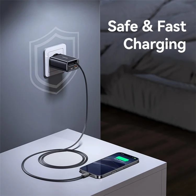 USAMS CC299 Cargador rápido de 65W con enchufe europeo, adaptador de corriente Tipo-C + USB-A con cable retráctil Tipo-C - Negro