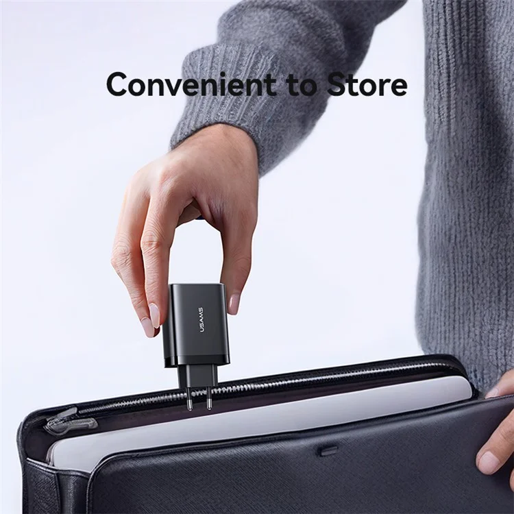 USAMS CC299 Cargador rápido de 65W con enchufe europeo, adaptador de corriente Tipo-C + USB-A con cable retráctil Tipo-C - Negro