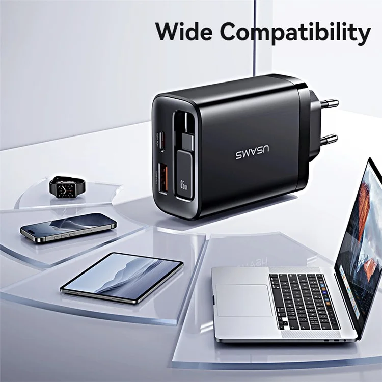 USAMS CC299 Cargador rápido de 65W con enchufe europeo, adaptador de corriente Tipo-C + USB-A con cable retráctil Tipo-C - Negro