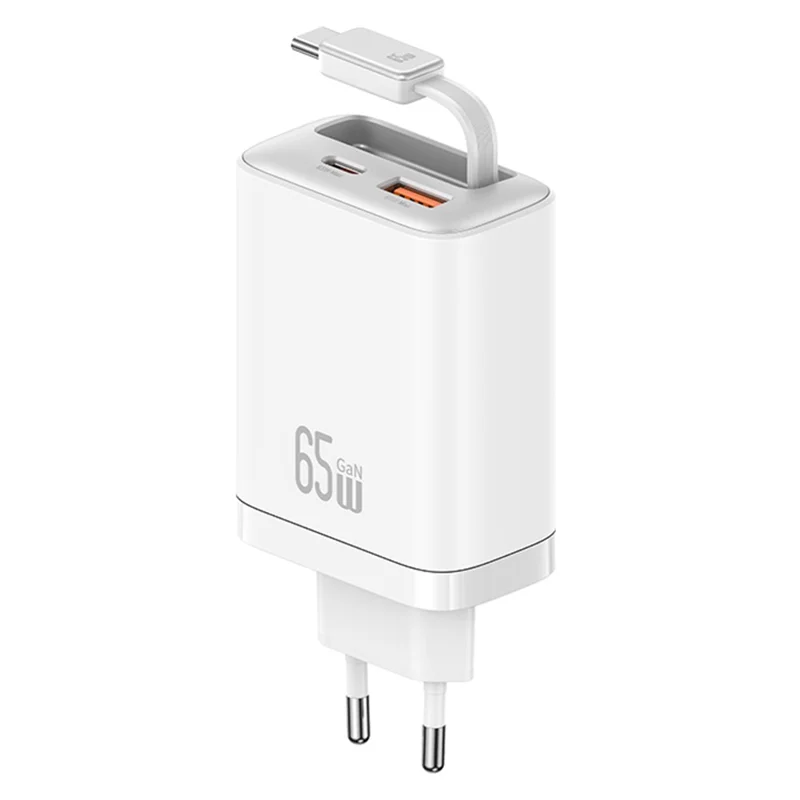 USAMS CC299 EU Plug 65W Fast Charger Type-C + USB-A Power Adapter with Type-C Retractable Cable - White