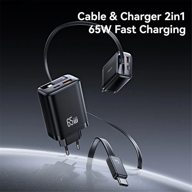USAMS CC299 EU Plug 65W Fast Charger Type-C + USB-A Power Adapter with Type-C Retractable Cable - White