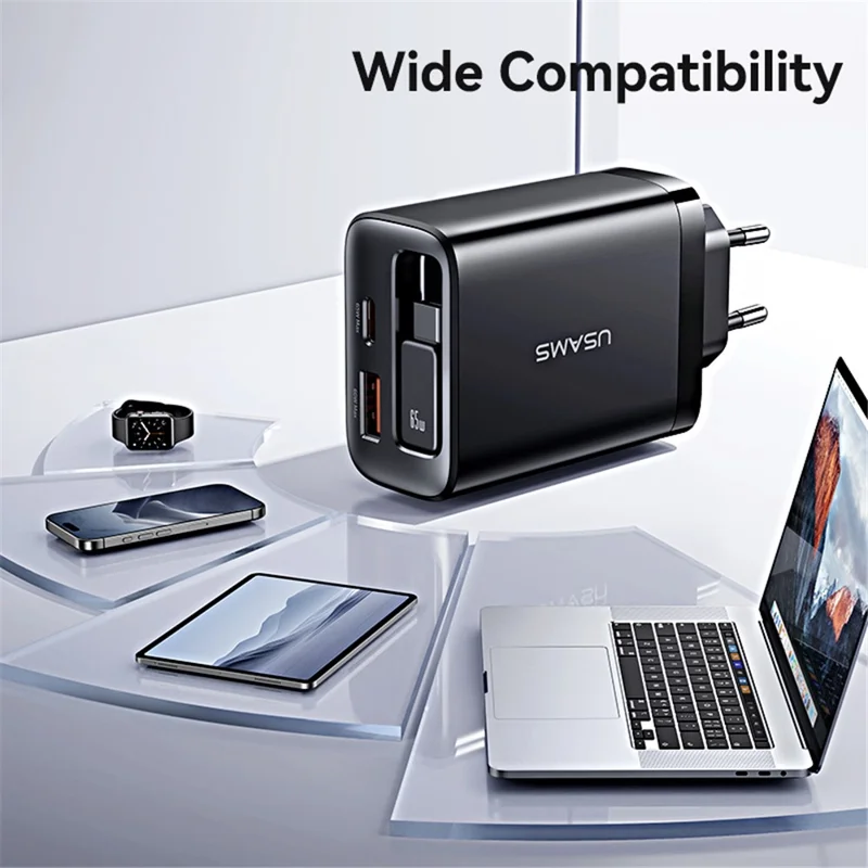 USAMS CC299 EU Plug 65W Fast Charger Type-C + USB-A Power Adapter with Type-C Retractable Cable - White