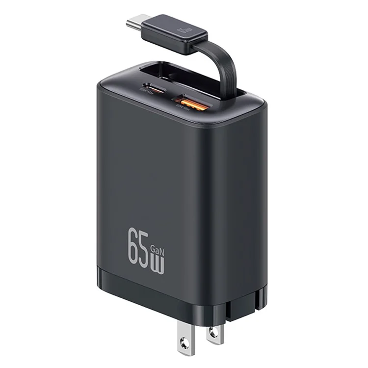 USAMS CC300 US Plug 65W Fast Charger Type-C + USB-A Power Adapter with Type-C Retractable Cable - Black