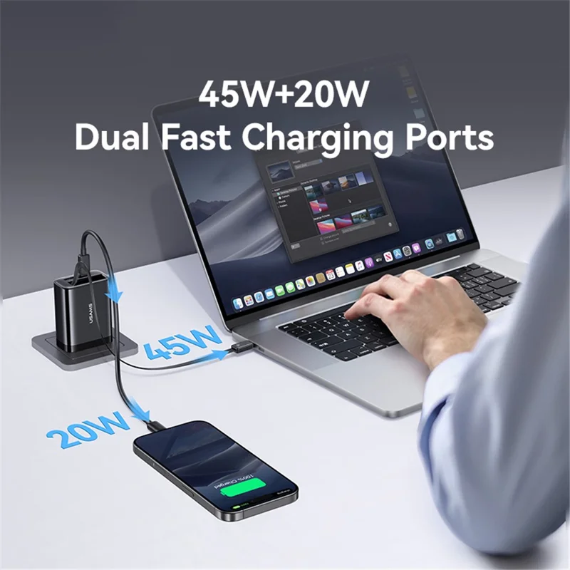 USAMS CC300 US Plug 65W Fast Charger Type-C + USB-A Power Adapter with Type-C Retractable Cable - Black
