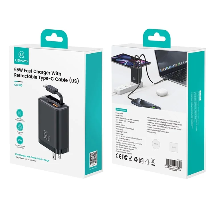 USAMS CC300 US Plug 65W Fast Charger Type-C + USB-A Power Adapter with Type-C Retractable Cable - Black