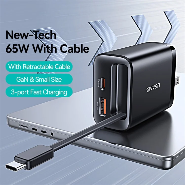 USAMS CC300 US Plug 65W Fast Charger Type-C + USB-A Power Adapter with Type-C Retractable Cable - Black