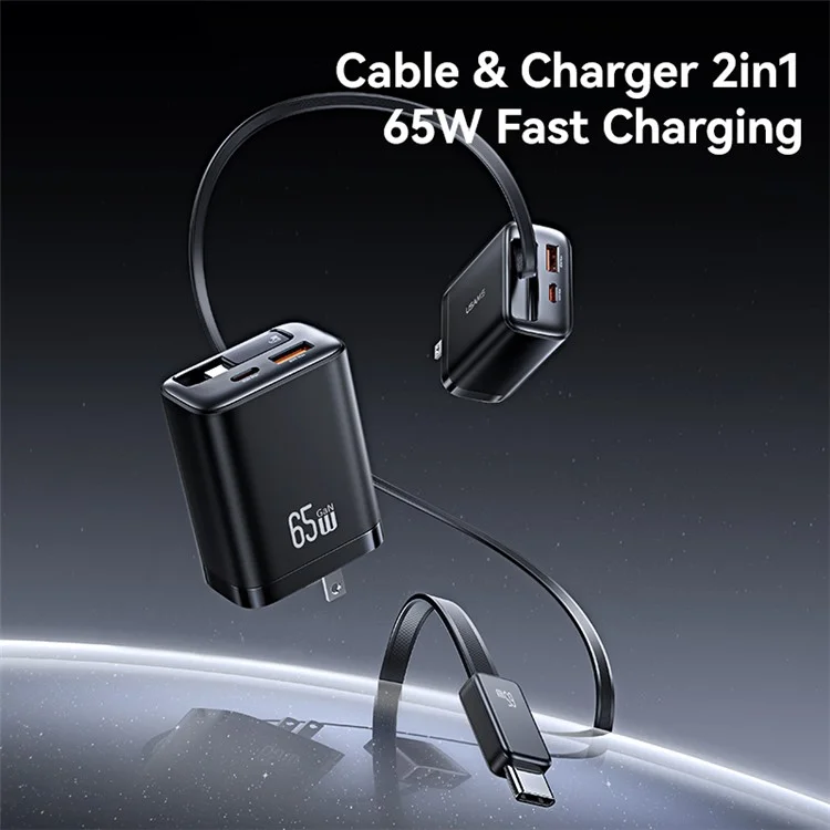 USAMS CC300 US Plug 65W Fast Charger Type-C + USB-A Power Adapter with Type-C Retractable Cable - Black