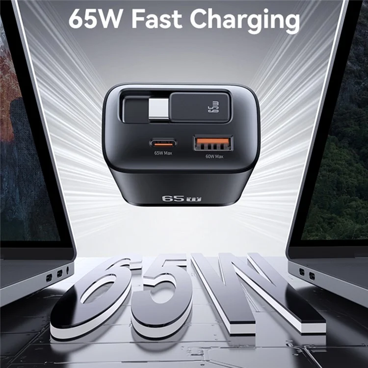 USAMS CC300 US Plug 65W Fast Charger Type-C + USB-A Power Adapter with Type-C Retractable Cable - Black