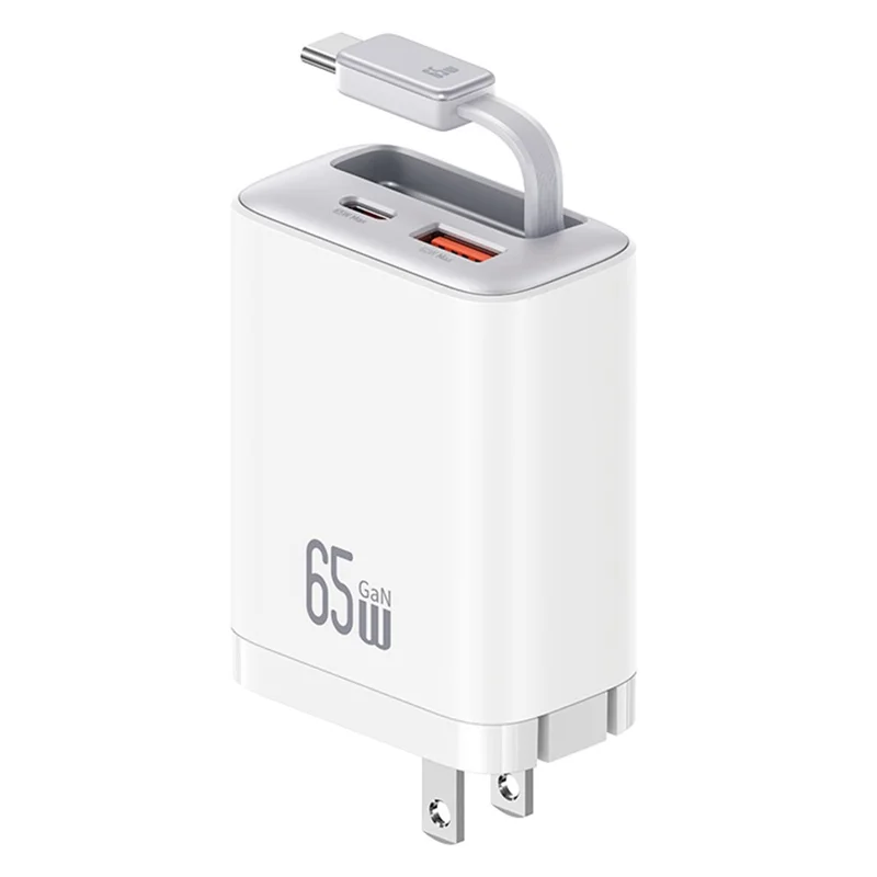 USAMS CC300, ładowarka szybka 65 W, z wtykiem US, port USB typu C + USB-A, z przewodem typu C o zmiennej długości – biały