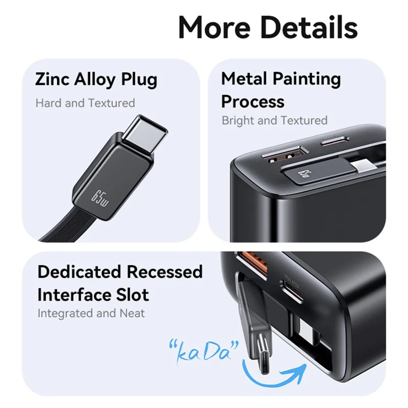 USAMS CC300, ładowarka szybka 65 W, z wtykiem US, port USB typu C + USB-A, z przewodem typu C o zmiennej długości – biały
