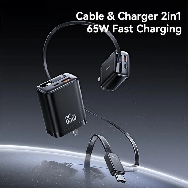 USAMS CC300, ładowarka szybka 65 W, z wtykiem US, port USB typu C + USB-A, z przewodem typu C o zmiennej długości – biały