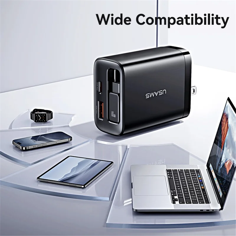 USAMS CC300, ładowarka szybka 65 W, z wtykiem US, port USB typu C + USB-A, z przewodem typu C o zmiennej długości – biały