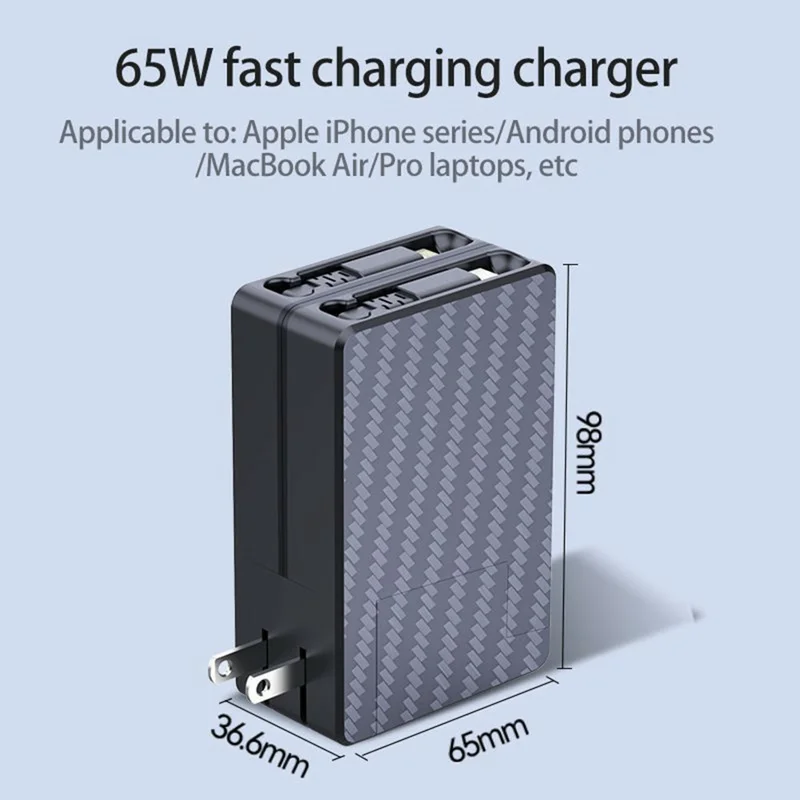 PT-18 US Plug GaN Charger 65W PD Fast Charging Power Adapter with iP + Type C Retractable Cables