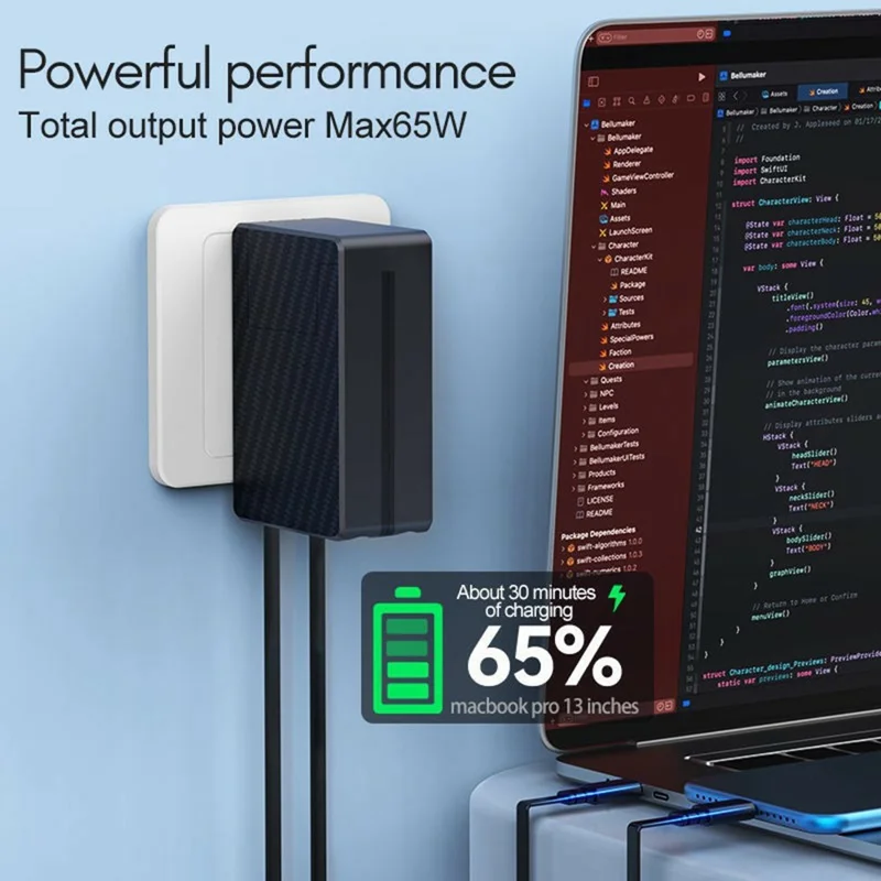 PT-18 US Plug GaN Charger 65W PD Fast Charging Power Adapter with iP + Type C Retractable Cables