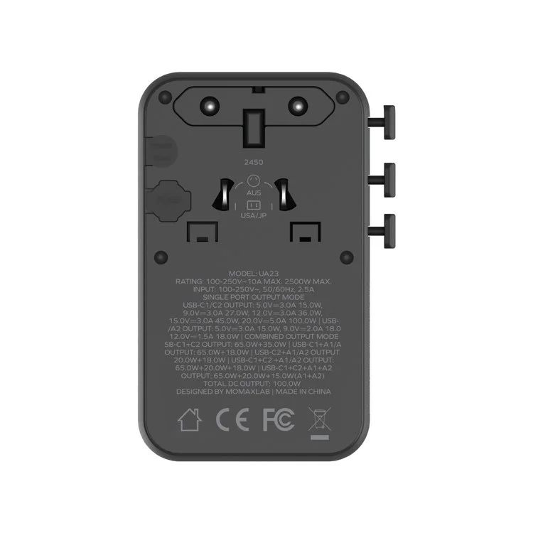 MOMAX 1-World 2 Dual AC Mini GaN Global Travel Adapter 100W Fast Charging Wall Charger - Black