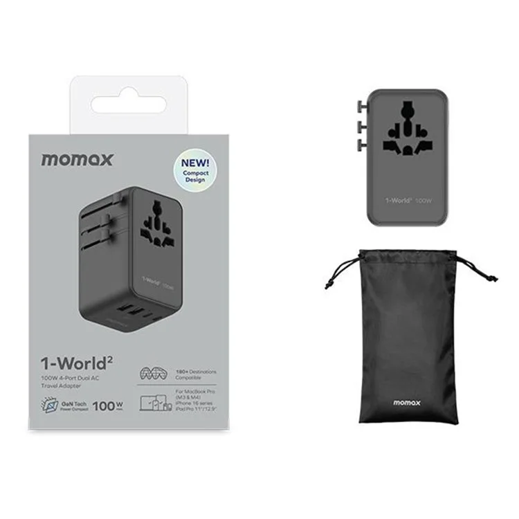 MOMAX 1-World 2 Dual AC Mini GaN Global Travel Adapter 100W Fast Charging Wall Charger - Black