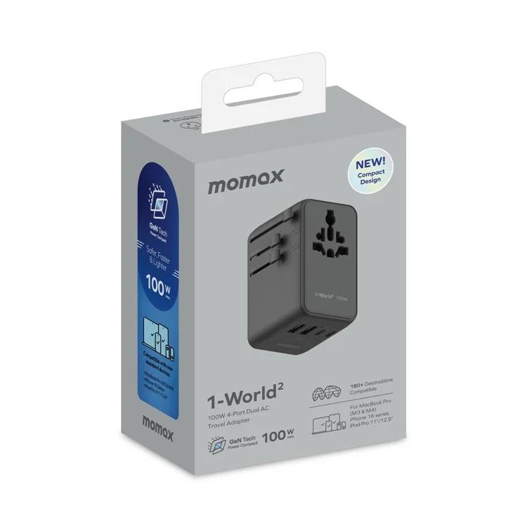 MOMAX 1-World 2 Dual AC Mini GaN Global Travel Adapter 100W Fast Charging Wall Charger - Black