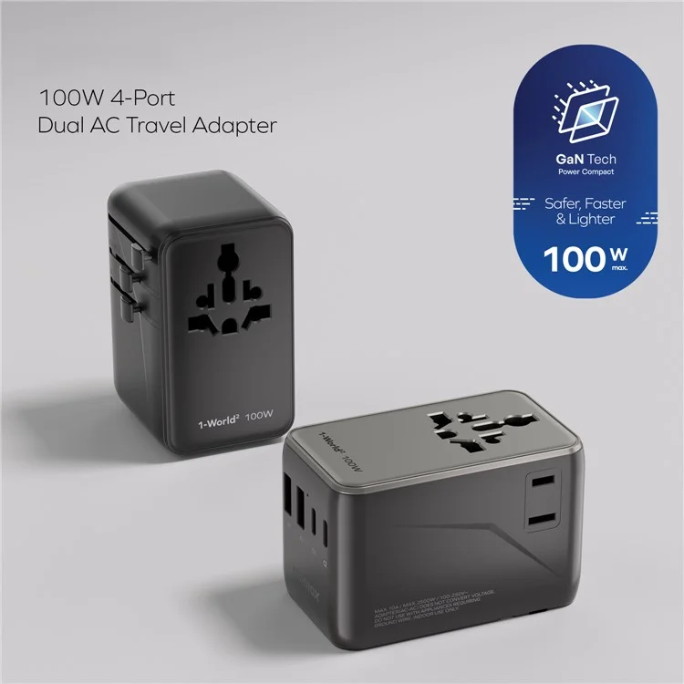 MOMAX 1-World 2 Dual AC Mini GaN Global Travel Adapter 100W Fast Charging Wall Charger - Black