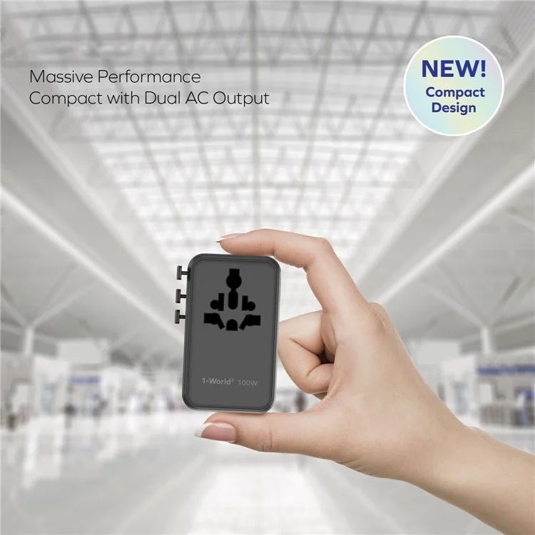 MOMAX 1-World 2 Dual AC Mini GaN Global Travel Adapter 100W Fast Charging Wall Charger - Black