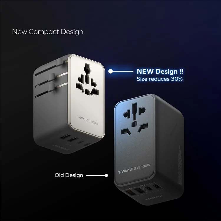 MOMAX 1-World 2 Dual AC Mini GaN Global Travel Adapter 100W Fast Charging Wall Charger - Black